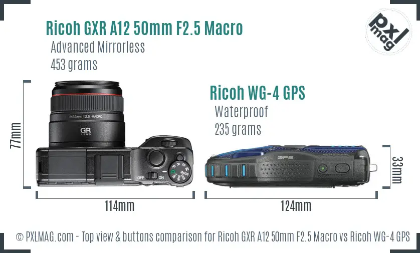 Ricoh GXR A12 50mm F2.5 Macro vs Ricoh WG-4 GPS top view buttons comparison