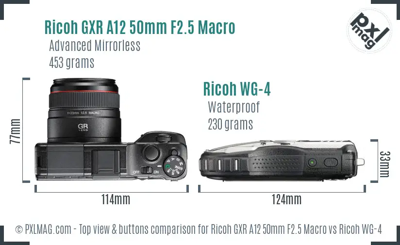 Ricoh GXR A12 50mm F2.5 Macro vs Ricoh WG-4 top view buttons comparison