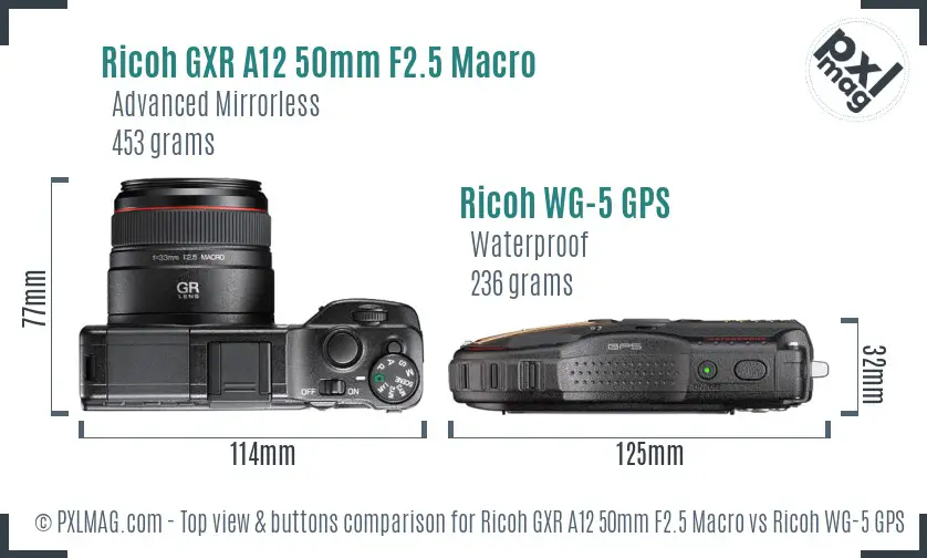 Ricoh GXR A12 50mm F2.5 Macro vs Ricoh WG-5 GPS top view buttons comparison