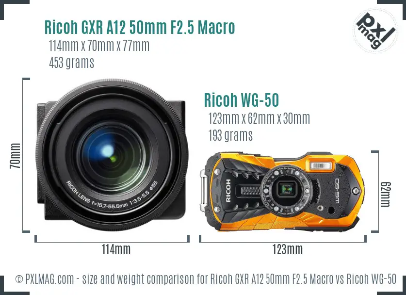 Ricoh GXR A12 50mm F2.5 Macro vs Ricoh WG-50 size comparison