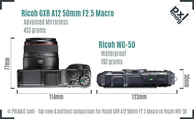 Ricoh GXR A12 50mm F2.5 Macro vs Ricoh WG-50 top view buttons comparison