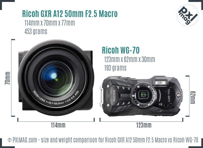 Ricoh GXR A12 50mm F2.5 Macro vs Ricoh WG-70 size comparison