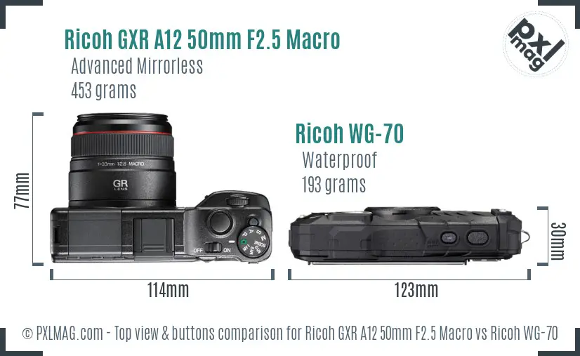 Ricoh GXR A12 50mm F2.5 Macro vs Ricoh WG-70 top view buttons comparison