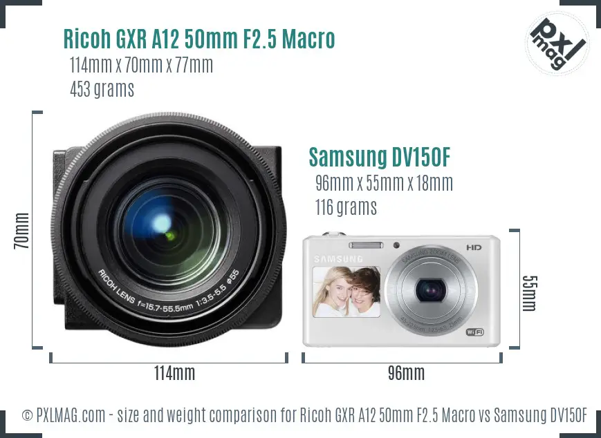 Ricoh GXR A12 50mm F2.5 Macro vs Samsung DV150F size comparison