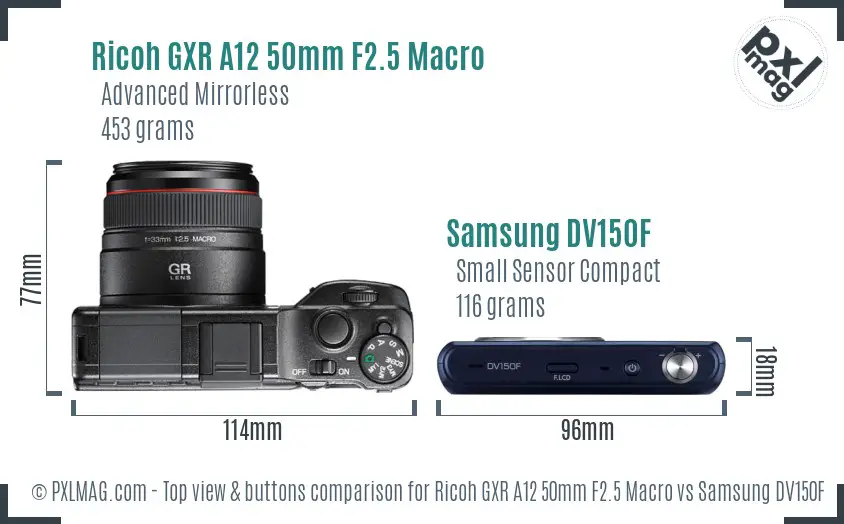 Ricoh GXR A12 50mm F2.5 Macro vs Samsung DV150F top view buttons comparison