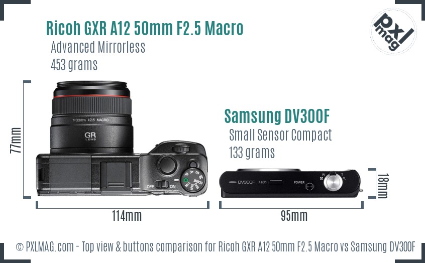 Ricoh GXR A12 50mm F2.5 Macro vs Samsung DV300F top view buttons comparison