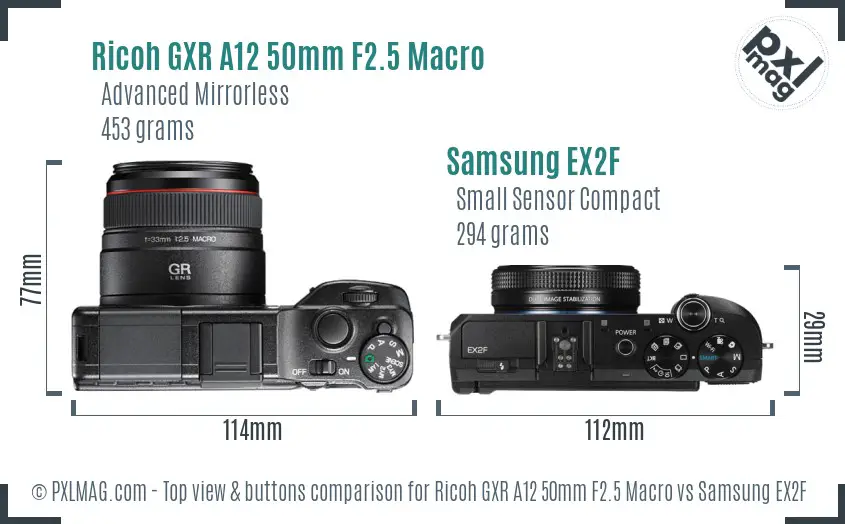Ricoh GXR A12 50mm F2.5 Macro vs Samsung EX2F top view buttons comparison