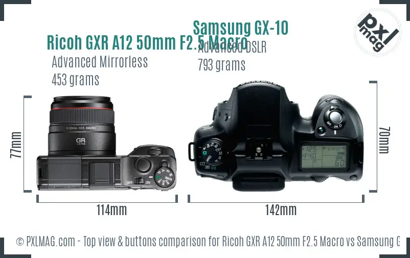 Ricoh GXR A12 50mm F2.5 Macro vs Samsung GX-10 top view buttons comparison