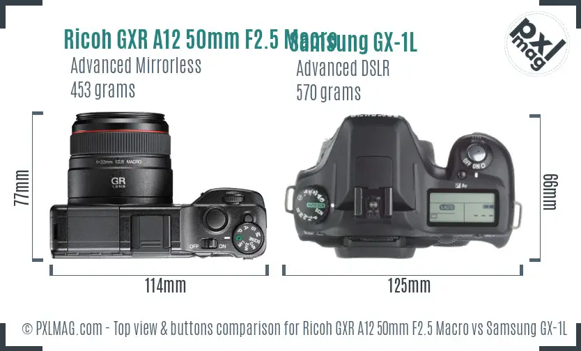 Ricoh GXR A12 50mm F2.5 Macro vs Samsung GX-1L top view buttons comparison