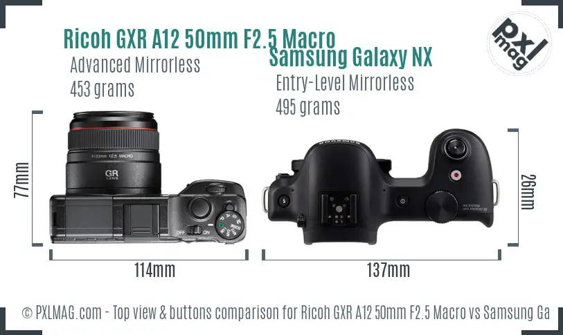Ricoh GXR A12 50mm F2.5 Macro vs Samsung Galaxy NX top view buttons comparison