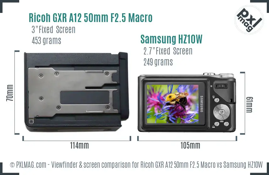 Ricoh GXR A12 50mm F2.5 Macro vs Samsung HZ10W Screen and Viewfinder comparison