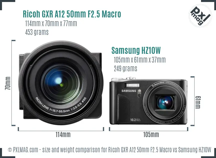 Ricoh GXR A12 50mm F2.5 Macro vs Samsung HZ10W size comparison