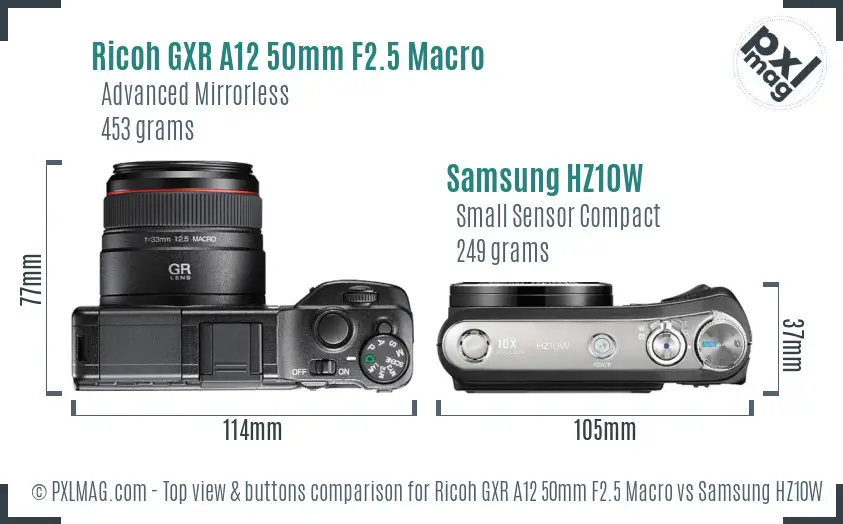 Ricoh GXR A12 50mm F2.5 Macro vs Samsung HZ10W top view buttons comparison