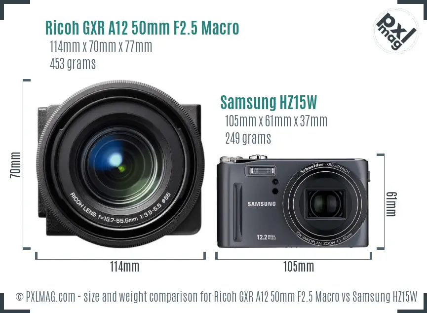 Ricoh GXR A12 50mm F2.5 Macro vs Samsung HZ15W size comparison