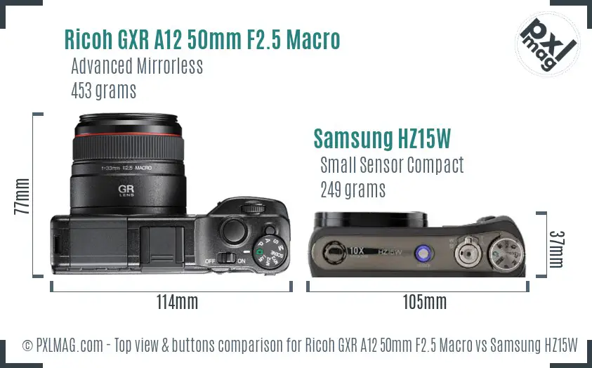 Ricoh GXR A12 50mm F2.5 Macro vs Samsung HZ15W top view buttons comparison