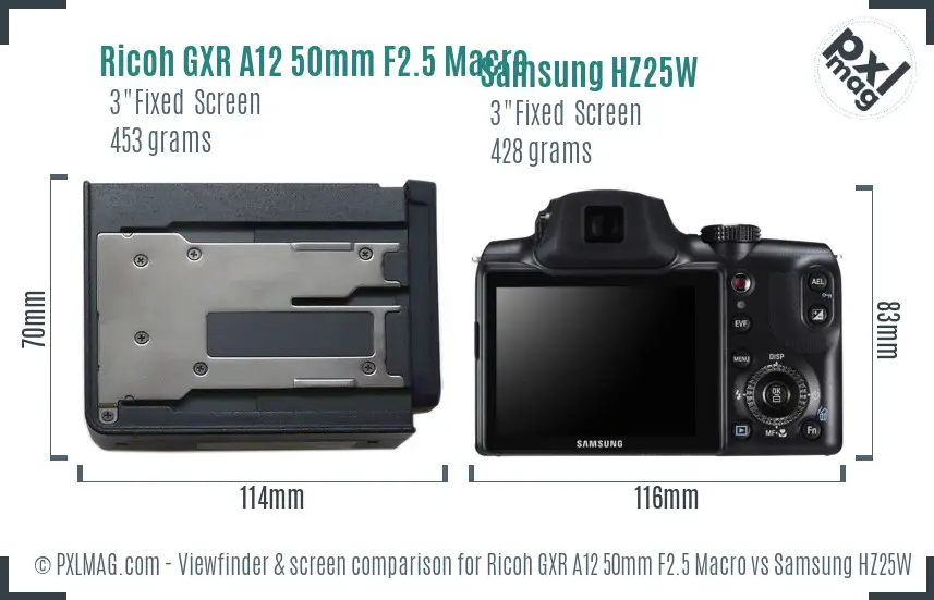 Ricoh GXR A12 50mm F2.5 Macro vs Samsung HZ25W Screen and Viewfinder comparison