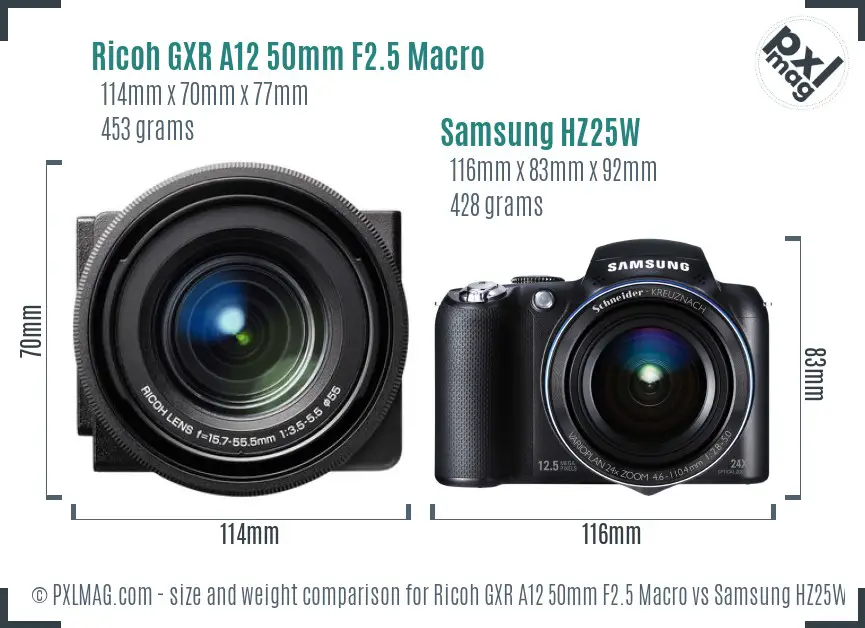 Ricoh GXR A12 50mm F2.5 Macro vs Samsung HZ25W size comparison