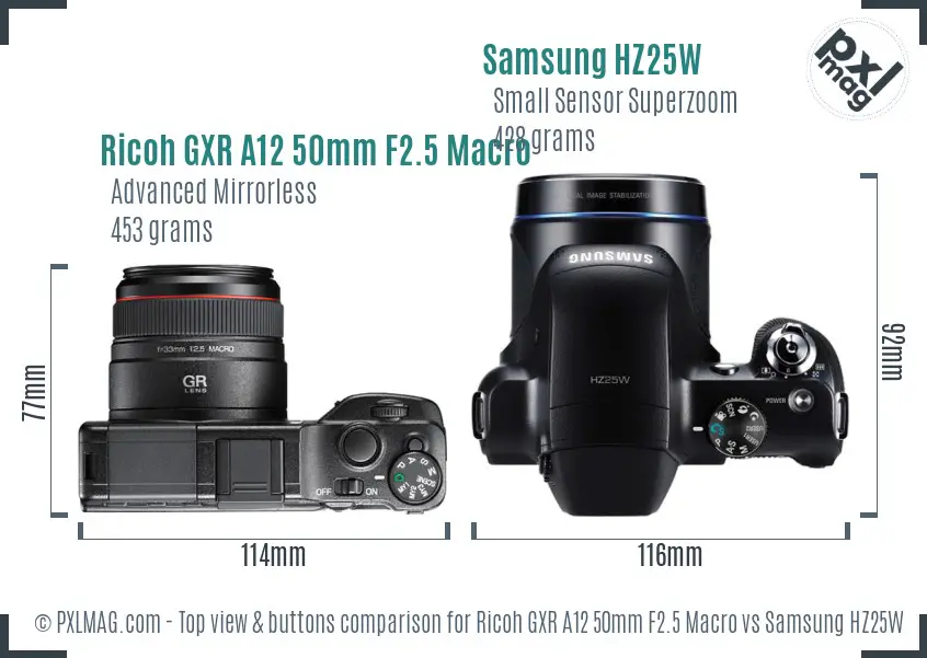 Ricoh GXR A12 50mm F2.5 Macro vs Samsung HZ25W top view buttons comparison