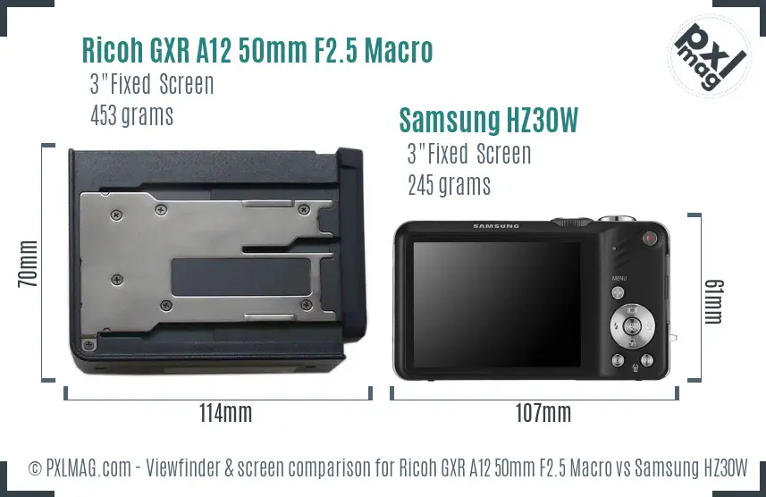 Ricoh GXR A12 50mm F2.5 Macro vs Samsung HZ30W Screen and Viewfinder comparison