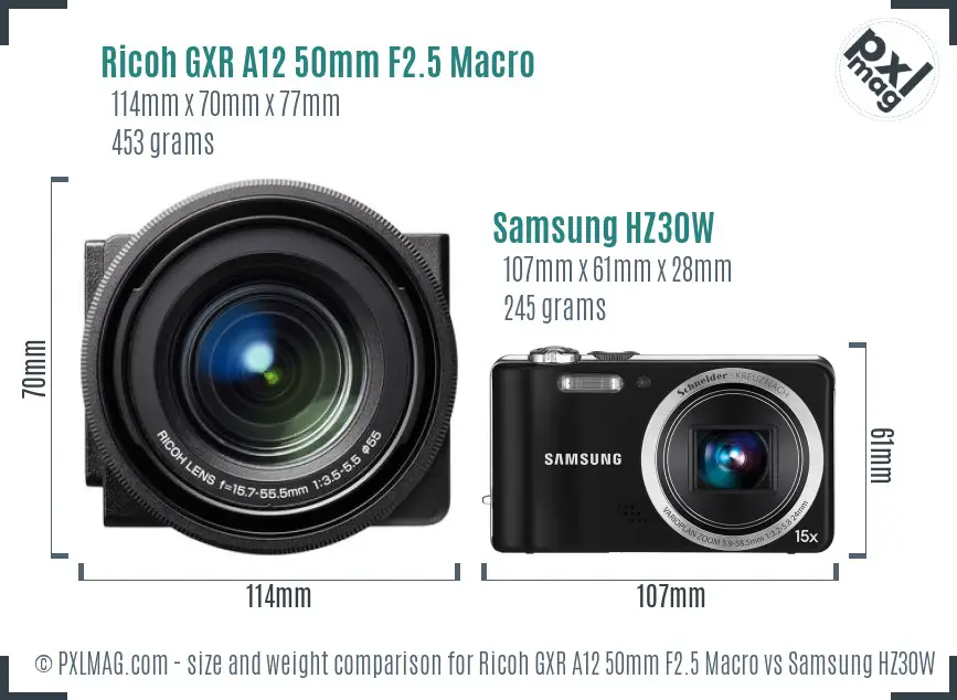 Ricoh GXR A12 50mm F2.5 Macro vs Samsung HZ30W size comparison