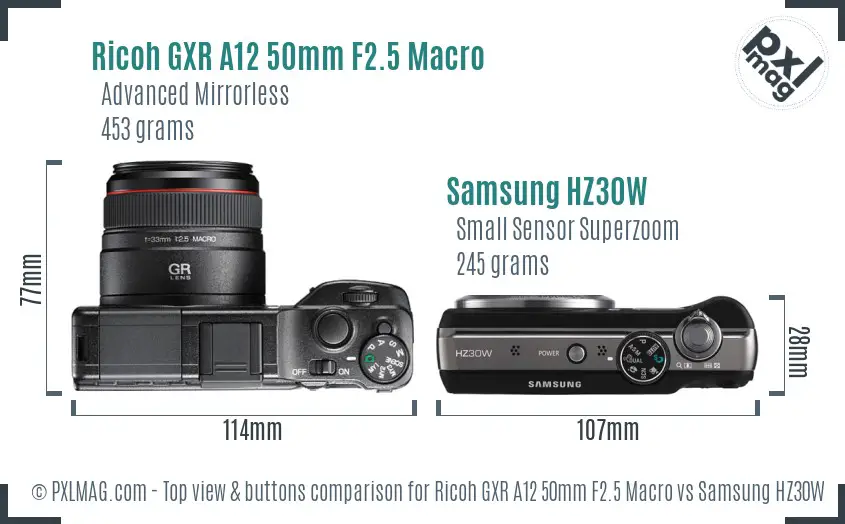 Ricoh GXR A12 50mm F2.5 Macro vs Samsung HZ30W top view buttons comparison