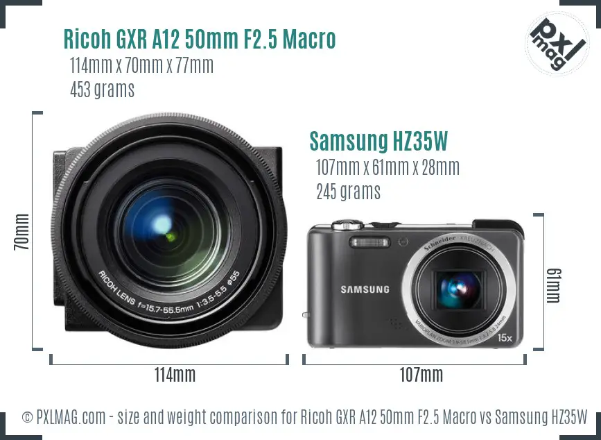 Ricoh GXR A12 50mm F2.5 Macro vs Samsung HZ35W size comparison