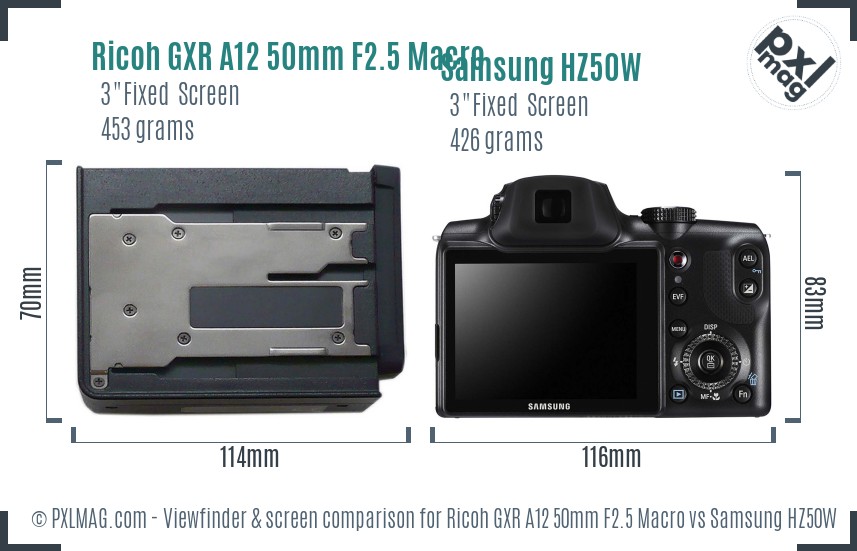 Ricoh GXR A12 50mm F2.5 Macro vs Samsung HZ50W Screen and Viewfinder comparison