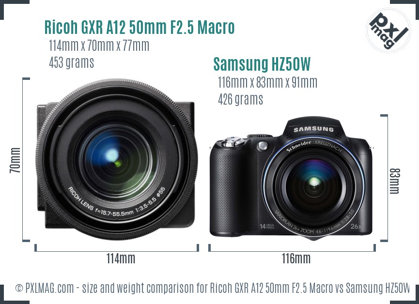 Ricoh GXR A12 50mm F2.5 Macro vs Samsung HZ50W size comparison