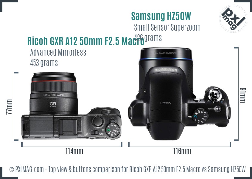 Ricoh GXR A12 50mm F2.5 Macro vs Samsung HZ50W top view buttons comparison