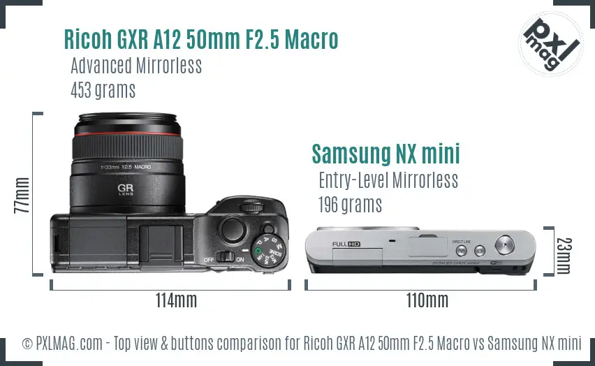 Ricoh GXR A12 50mm F2.5 Macro vs Samsung NX mini top view buttons comparison