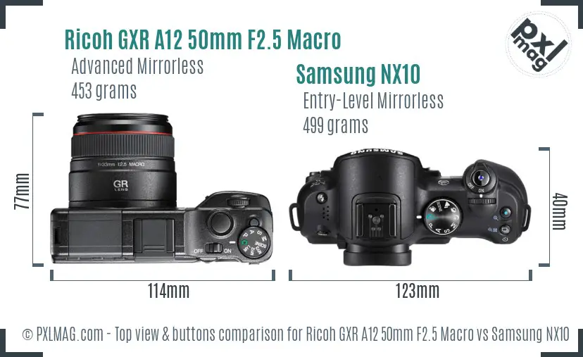 Ricoh GXR A12 50mm F2.5 Macro vs Samsung NX10 top view buttons comparison