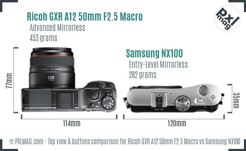 Ricoh GXR A12 50mm F2.5 Macro vs Samsung NX100 top view buttons comparison