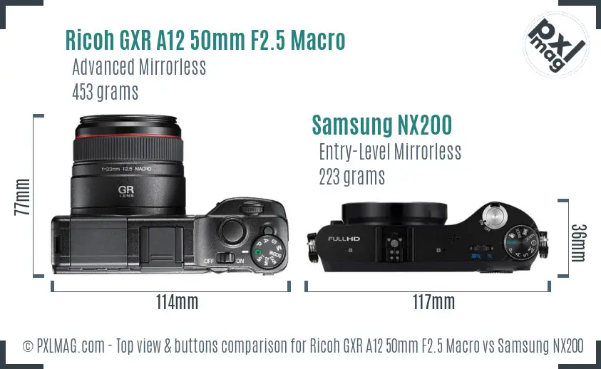 Ricoh GXR A12 50mm F2.5 Macro vs Samsung NX200 top view buttons comparison