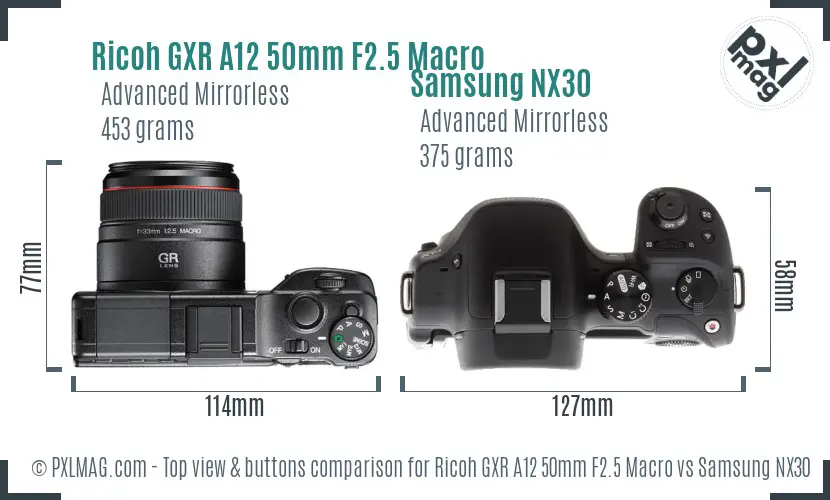 Ricoh GXR A12 50mm F2.5 Macro vs Samsung NX30 top view buttons comparison