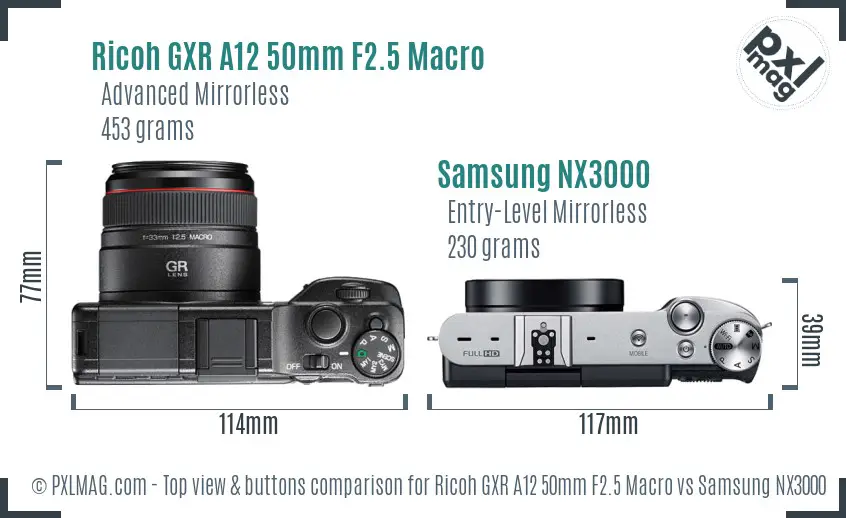 Ricoh GXR A12 50mm F2.5 Macro vs Samsung NX3000 top view buttons comparison