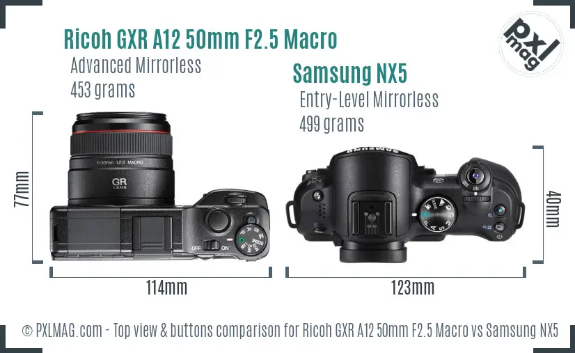 Ricoh GXR A12 50mm F2.5 Macro vs Samsung NX5 top view buttons comparison