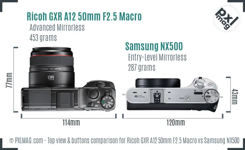 Ricoh GXR A12 50mm F2.5 Macro vs Samsung NX500 top view buttons comparison