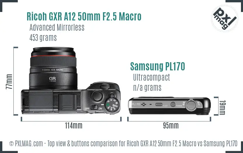 Ricoh GXR A12 50mm F2.5 Macro vs Samsung PL170 top view buttons comparison Ricoh GXR A12 50mm F2.5 Macro vs Samsung PL170 top view buttons comparison