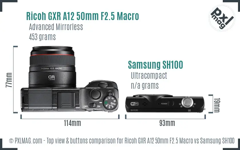 Ricoh GXR A12 50mm F2.5 Macro vs Samsung SH100 top view buttons comparison