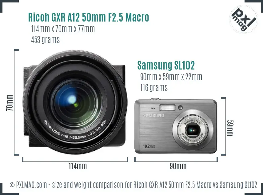 Ricoh GXR A12 50mm F2.5 Macro vs Samsung SL102 size comparison