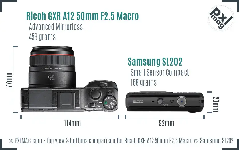 Ricoh GXR A12 50mm F2.5 Macro vs Samsung SL202 top view buttons comparison