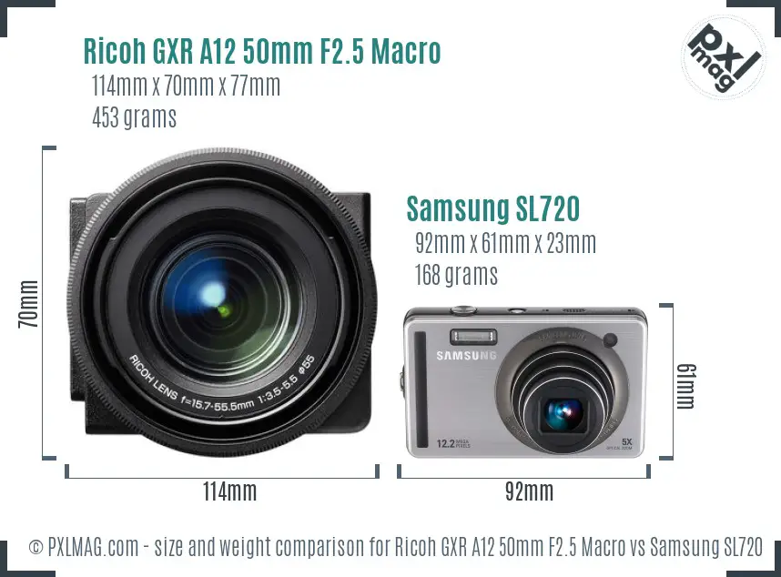 Ricoh GXR A12 50mm F2.5 Macro vs Samsung SL720 size comparison