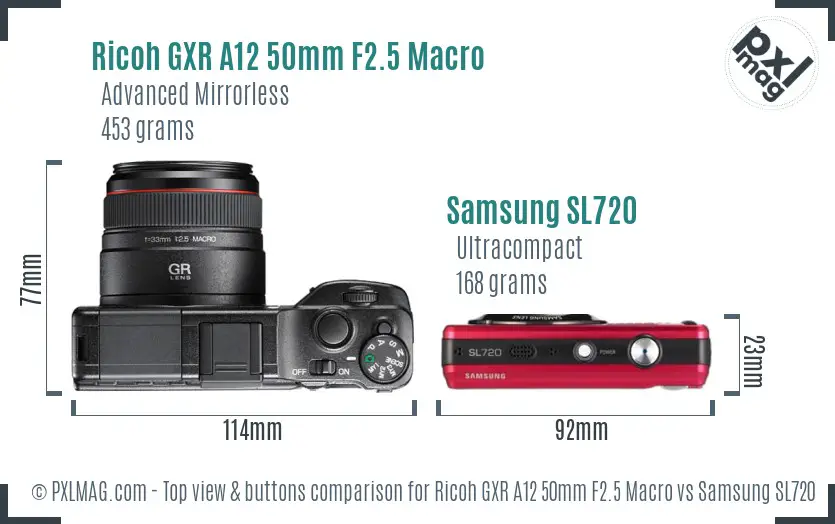 Ricoh GXR A12 50mm F2.5 Macro vs Samsung SL720 top view buttons comparison