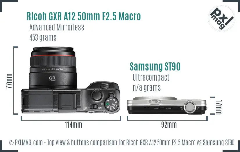 Ricoh GXR A12 50mm F2.5 Macro vs Samsung ST90 top view buttons comparison Ricoh GXR A12 50mm F2.5 Macro vs Samsung ST90 top view buttons comparison