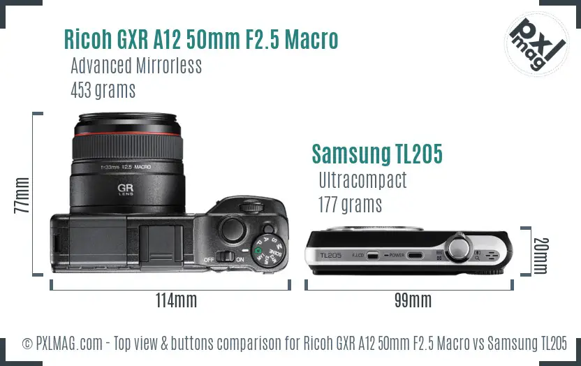 Ricoh GXR A12 50mm F2.5 Macro vs Samsung TL205 top view buttons comparison