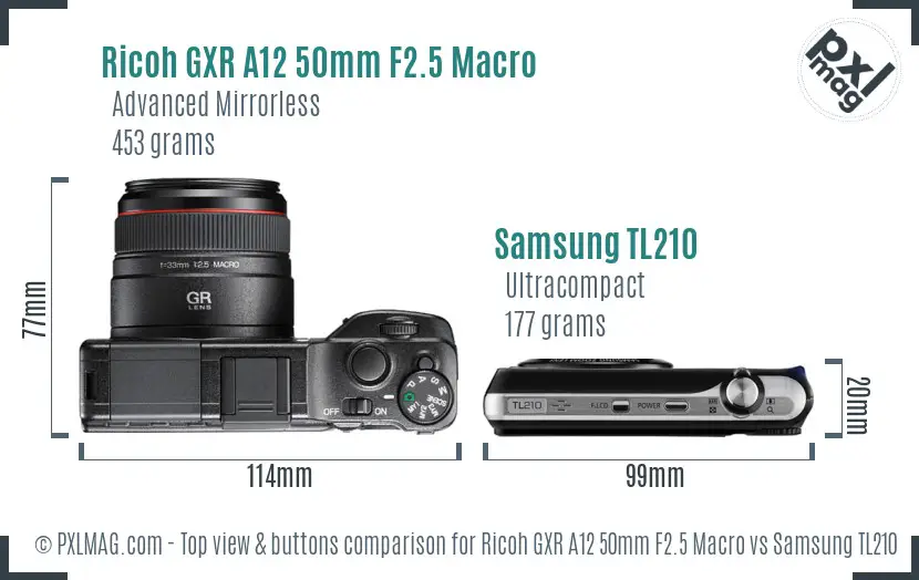 Ricoh GXR A12 50mm F2.5 Macro vs Samsung TL210 top view buttons comparison