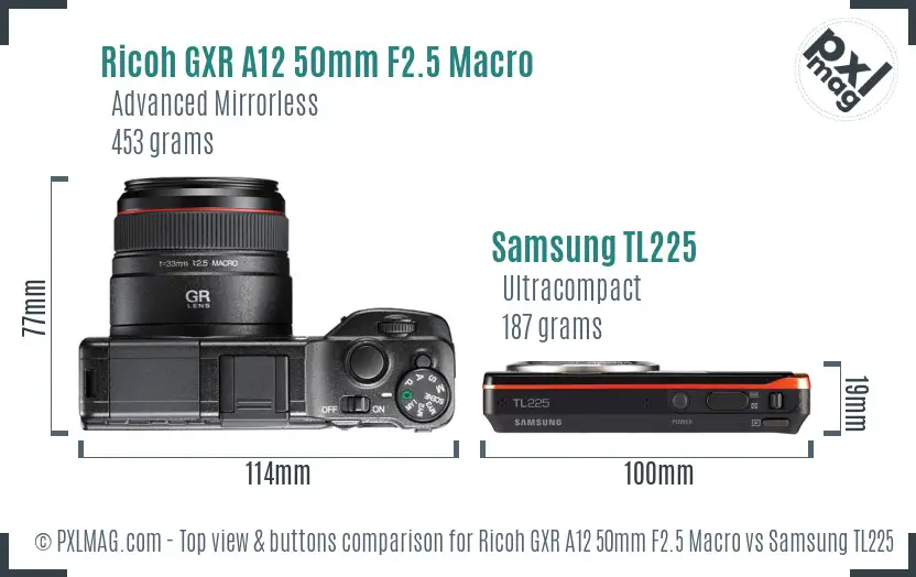 Ricoh GXR A12 50mm F2.5 Macro vs Samsung TL225 top view buttons comparison