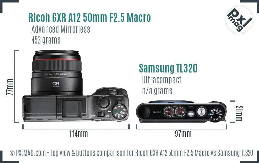 Ricoh GXR A12 50mm F2.5 Macro vs Samsung TL320 top view buttons comparison