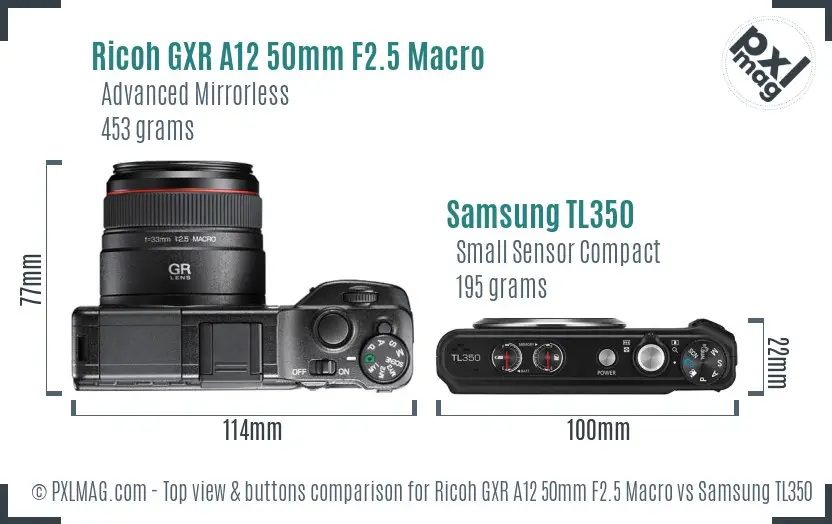 Ricoh GXR A12 50mm F2.5 Macro vs Samsung TL350 top view buttons comparison