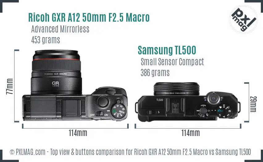 Ricoh GXR A12 50mm F2.5 Macro vs Samsung TL500 top view buttons comparison